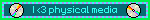 Blinkie banner with a greenish background and two low-resolution CDs showing a spinning animation, one on each side. The text in the middle says "I <3 physical media".