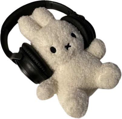 a semi-transparent image of a white bunny plushie lying on her back, wearing a pair of black headphones.